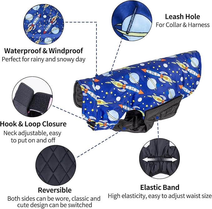 CuteBone Winter Dog Jacket - Reversible, Windproof, Soft & Thick Cold Weather Coats for Small to Large Dogs with Leash Hole
