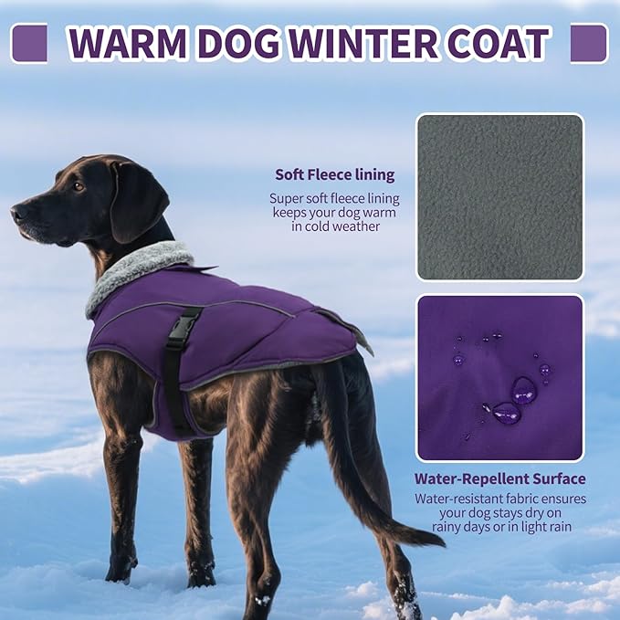 DENTRUN Large Dog Winter Coat - Windproof Reflective Warm Coat, Adjustable Neck & Snap Closure, Water Repellent Thick Fleece Vest, Fleece Lined for for Golden Retriever, Purple, XL