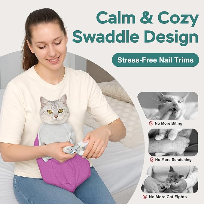 Self-Adhesive Cat Grooming Wrap, Cozy Cat Wrap for Cutting Nails, Breathable Anti-Scratch Cat Swaddle Bag for Brushing, Ear Cleaning, Dental Care, Medication, Injections, Pinkish Purple S