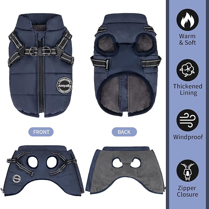 Warm Winter Coat, Fashion Sports Cold Weather Jacket With Built-in Harness, Reflective & Adjustable Comfortable Pet Vest, Waterproof Windproof Apparel for Small Dogs (Navy)