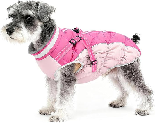 Dog Winter Coat with Harness, Dog Jacket, Pet Clothes with Zipper on Back, Waterproof Windproof Warm Vest, Reflective Cold Weather Coats, for Small Medium Large Dogs, Thick, Pink, S