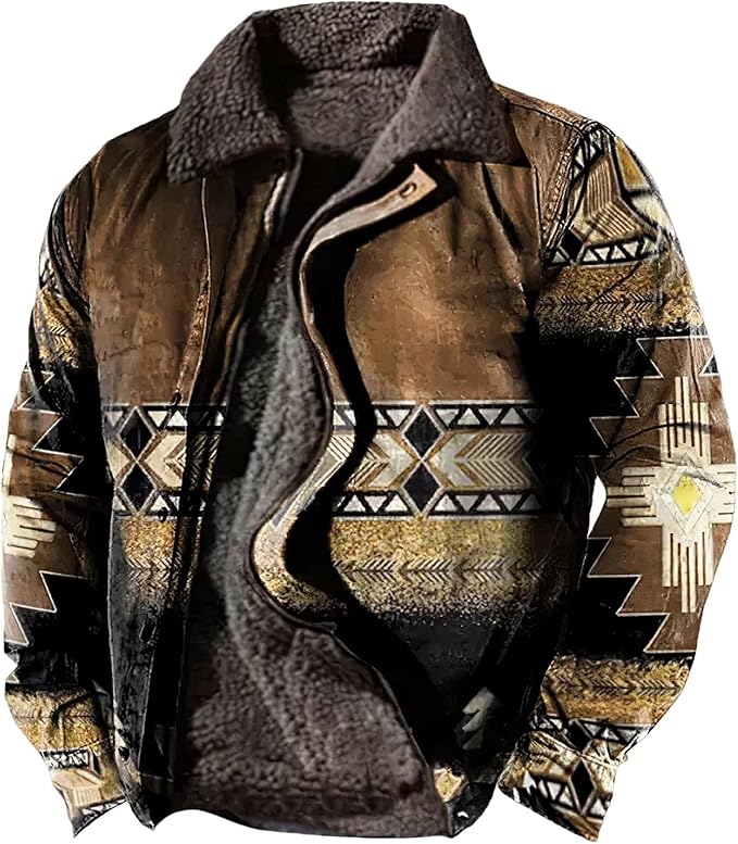 LOAIHA Men's Western Aztec Vintage Print Sherpa Fleece Lined Jackets Casual Zipper Winter Warm Jacket Coats