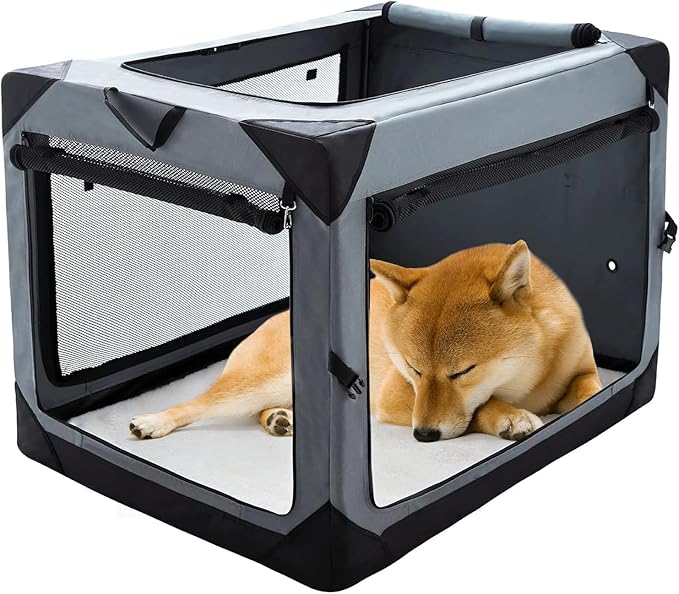 Pettycare 30 Inch Collapsible Dog Crate for Medium Dogs, 4-Door Foldable Soft Dog Kennel with Chew Proof Mesh Windows, Indoor & Outdoor Travel Dog Crate