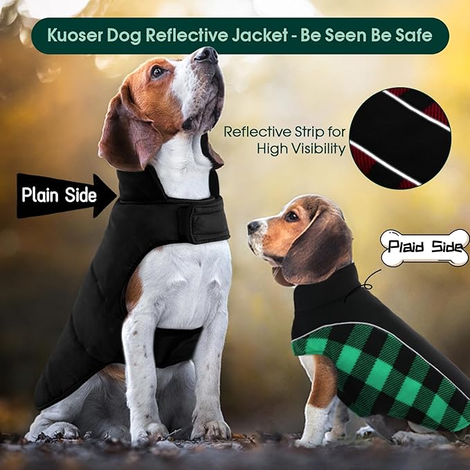 Kuoser Dog Winter Coat, Reversible Waterproof Dog Jacket with Leash Hole, Warm Dogs Fleece Vest Adjustable Doggy Cold Weather Clothes Plaid Christmas Outfit Pet Apparel for Extra Large Dogs, Green 3XL