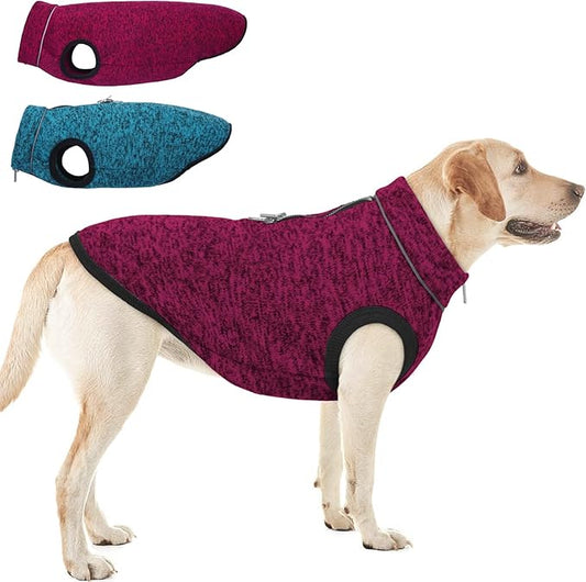 ROZKITCH XXXL Dog Sweater, Fleece Lined Dog Jacket with Zipper Opening for Harness, Reflective Pet Jacket, Rosered, 3XL