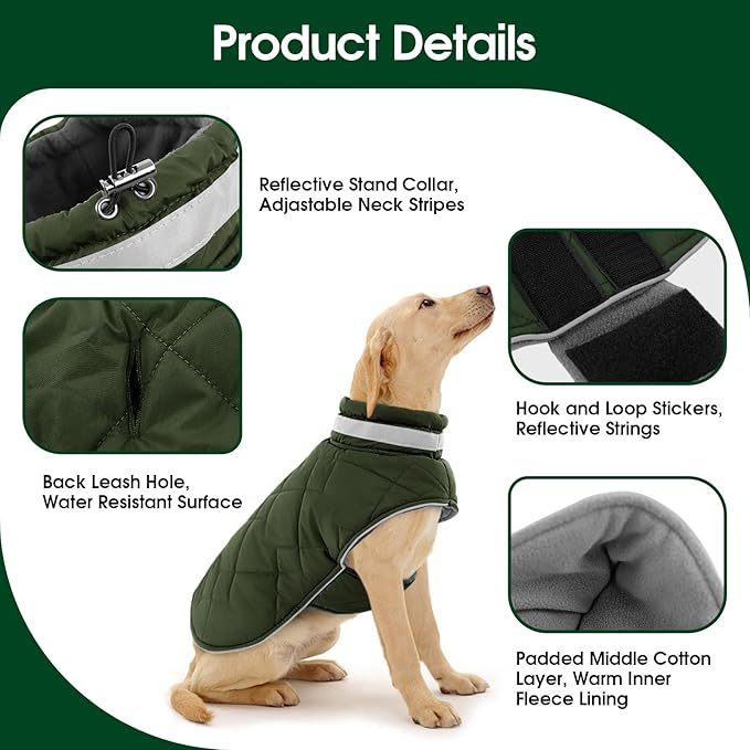 Dog Winter Coat Warm Padded Puppy Jacket Windproof Water Resistant Clothes for Small Medium Large Pets Christmas Sweater Outfit Vest(Green, XL)