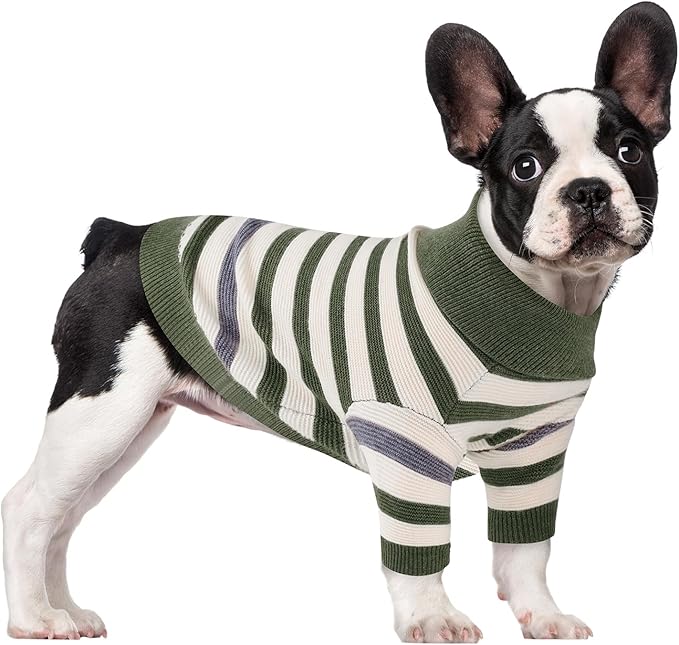Small Dog Sweater, Knitted Striped Pullover Dog Clothes for Cold Weather, Thick Warm Cozy Stretchy Sweater for Chihuahua, Bulldog, Dachshund, Pug(Green & White Strip, M)