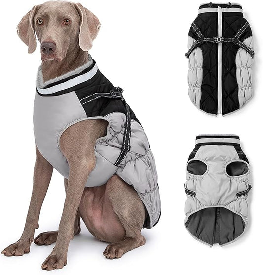 Dog Winter Coat with Harness, Dog Jacket, Pet Clothes with Zipper on Back, Waterproof Windproof Warm Vest, Reflective Cold Weather Coats, for Small Medium Large Dogs, Thick, Black, XL