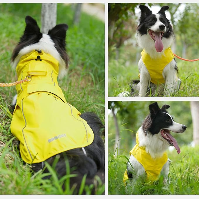 Waterproof Dog Raincoat, Adjustable Lightweight Dog Rain Jacket with Reflective Strip Leash Hole for Small Medium Large Dogs (Yellow, Medium(13-22lb))
