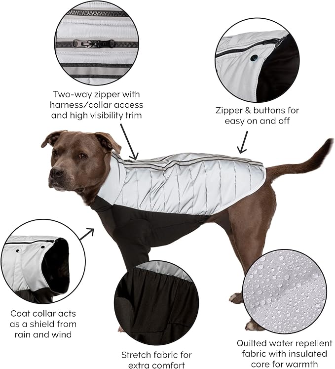 Furhaven Water-Repellent Small Dog Coat, Washable & Reflective w/ Leash Access & Stretch Fabric - Pro-Fit Active Jacket - Chrome, Small