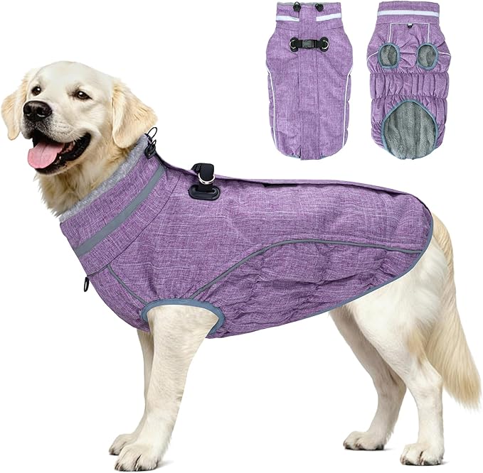 Malier Dog Coat, Reflective Dog Jacket Waterproof Windproof Puppy Cold Weather Coats with Harness Built in, Winter Extra Warm Pet Coat Fleece Vest for Small Large Pets and Puppy (Purple, Medium)