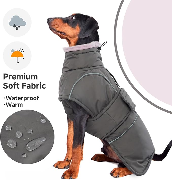 Dog Winter Coat for Small to Large Dogs(XS-XXXL)– Waterproof Windproof Fleece Lined Jacket with Reflective Trim,Pet Vest with Adjustable Buckles, Machine Washable Grey L