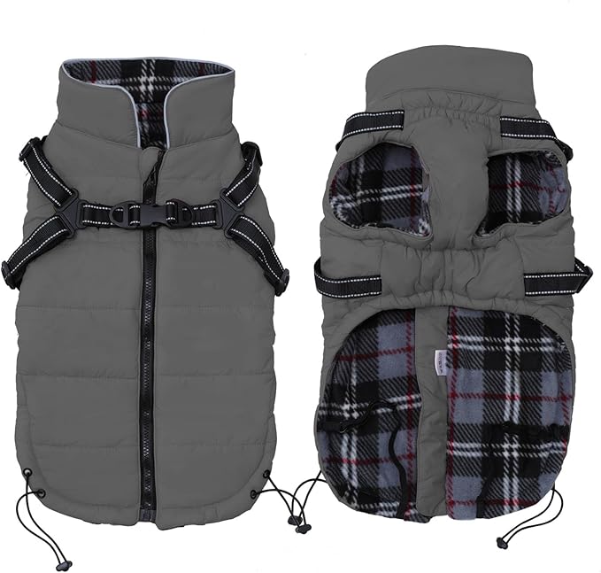 Geyecete Winter Warm Coat Waterproof Dog Winter Jacket with Harness Traction Belt,Pet Outdoor Jacket Dog Autumn and Winter Clothes for Medium, Small Dog-Gray-XS