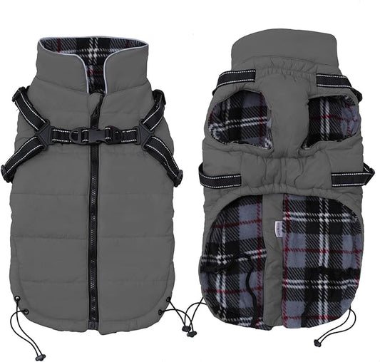 Geyecete Winter Warm Coat Waterproof Dog Winter Jacket with Harness Traction Belt,Pet Outdoor Jacket Dog Autumn and Winter Clothes for Medium, Small Dog-Gray-M