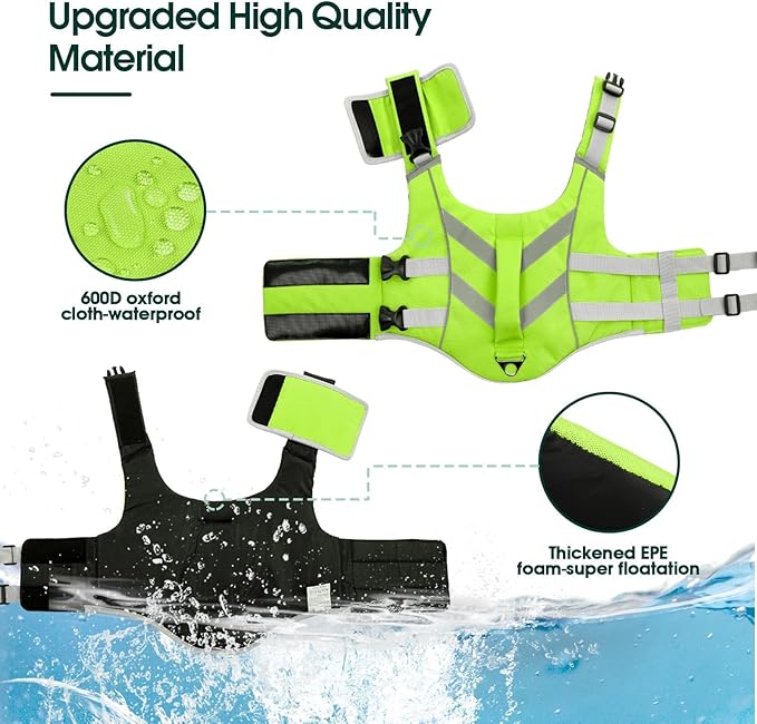 Kuoser Small Dog Life Jacket with Reflective Stripes, Adjustable High Visibility Dog Life Vest for Swimming & Boating, Green XS
