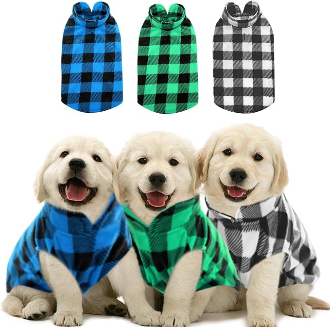 Kama Bridal 3 Pack Dog Coat - Spring, Autumn, Winter - Fleece Vest for Cats & Small/Medium Dogs - Blue, Green, Black Plaid (S)