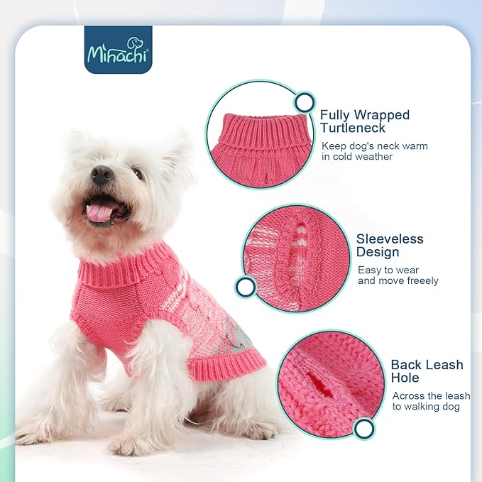 Mihachi Medium Dogs' Pink Turtleneck Sweater - Soft, Warm Knit Dog Coat with Leash Hole for Cold Weather, Fits Large, Cat or Puppy