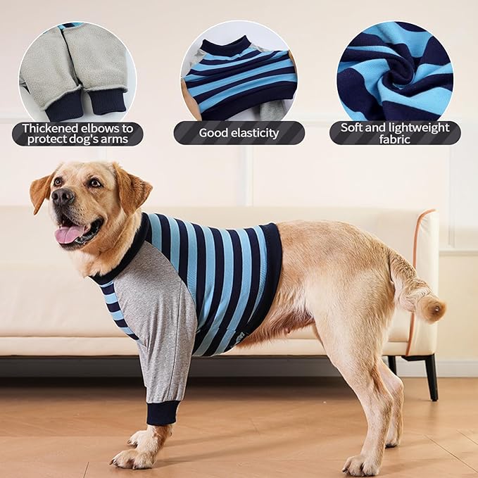 FUAMEY Dog Recovery Sleeve with Elbow Protector,Dogs Shirt Stop Licking Joints,Pet Long Sleeve Suit Protecting Dog's Front Leg Arm Wounds Cover Skin Conditions Blue Stripes 3XL
