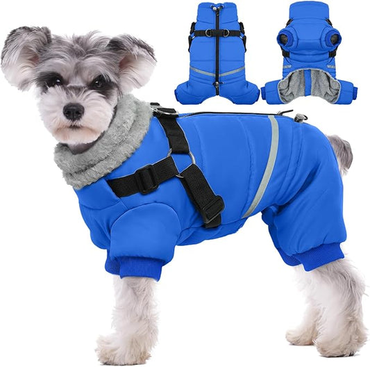 BRKURLEG Blue Dog Winter Coat, Cozy Winter Dog Jackets, Small Dogs Coat with Harness, Onesie Body Warm Puppy Christmas Jacket, Pet Reflective Cold Weather Jackets, Puppy Four-Legged Puffer Coats, M