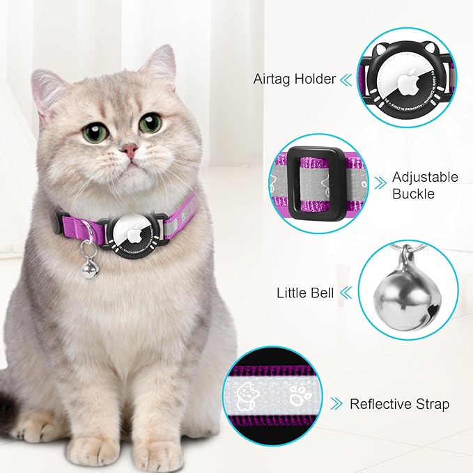 Airtag Cat Collar, Reflective Cat Collar with Apple Air Tag Holder, Breakaway GPS Tracker Pet Collar with Bell for Cat Kitten, Airtag Not Included, Purple, S(9-11 Inch)