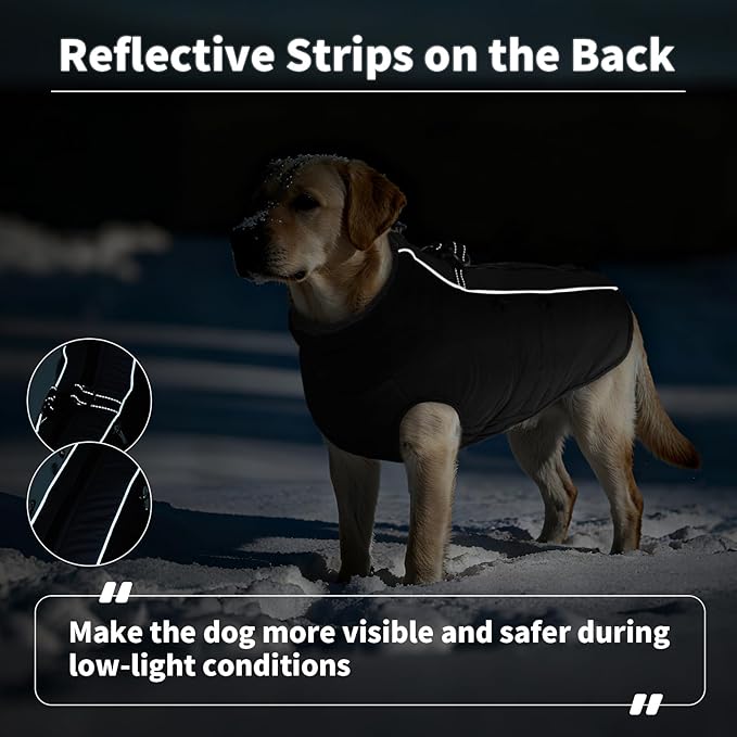IDOMIK Warm Dog Coat with Harness, Waterproof Reflective Dog Jackets for Small Medium Large Dogs, Fleece High Collar Winter Jacket with Zipper, Pet Winter Snowsuit Clothes for Cold Weather,Black 2XL
