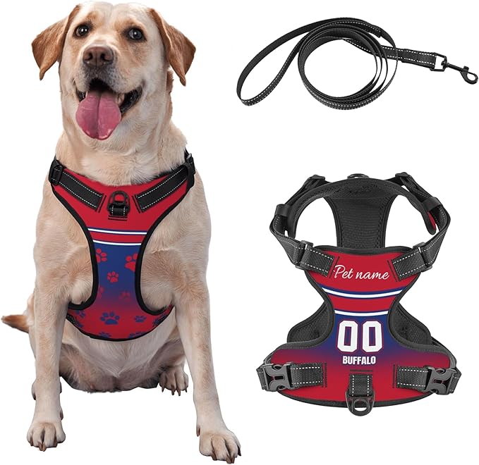 Custom Buffalo Dog Harness with Reflective Stripes Personalized Name and Number Dog Vest Harness with Pet Traction Rope for Small Medium Large Dog