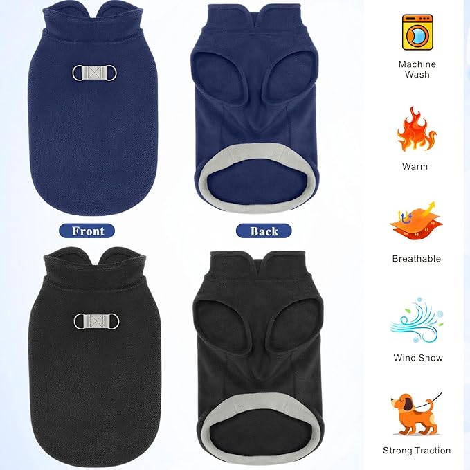 Idepet 2 Pack Dog Fleece Vest Sweater Warm Pullover Jacket with D-Ring Leash Reflective Winter Coat Hoodie for Puppy Cat French Bulldog Pug Chihuahuas Yorkies Dachshunds(Black&Blue,X-Small)