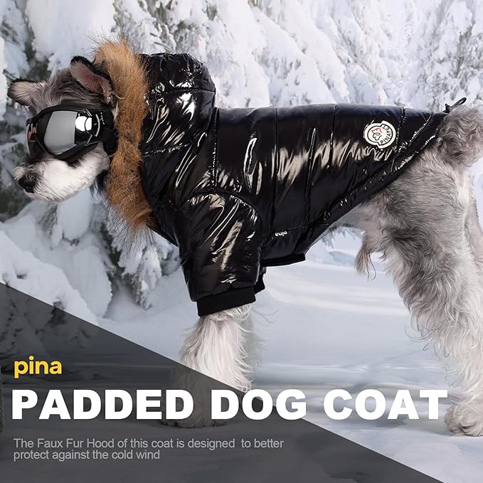 PINA Dog Winter Coat with Faux Fur Hood, Windproof and Warm, Suitable for Small to Large Dogs, Black, L