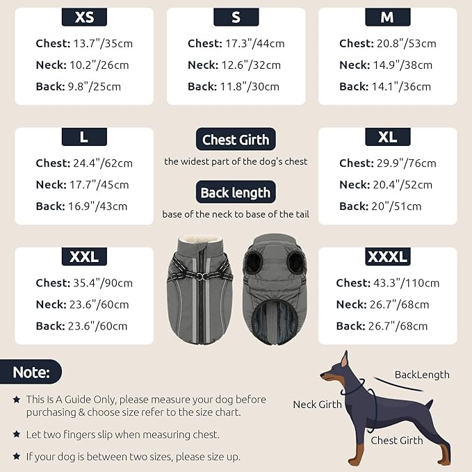 Dog Winter Coat with Harness Built in Warm Puffer Dog Jackets for Small Medium Large Dogs Windproof Waterproof Outfit with Plush Lining and Reflective Stripes (Grey, 2XL)