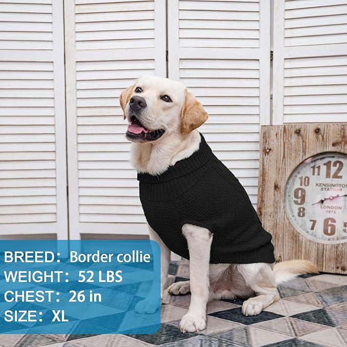 Mihachi Turtleneck Dog Sweater - Winter Coat Apparel Classic Cable Knit Clothes with Leash Hole for Cold Weather, Ideal Gift for Pet in New Year Black Large