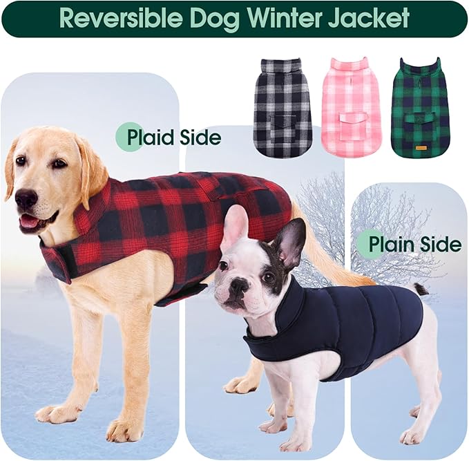 Kuoser Reversible Dog Jacket, Warm Winter Coat for Large Dogs, Warm Windproof Pet Cold Weather Clothes, Red XXL