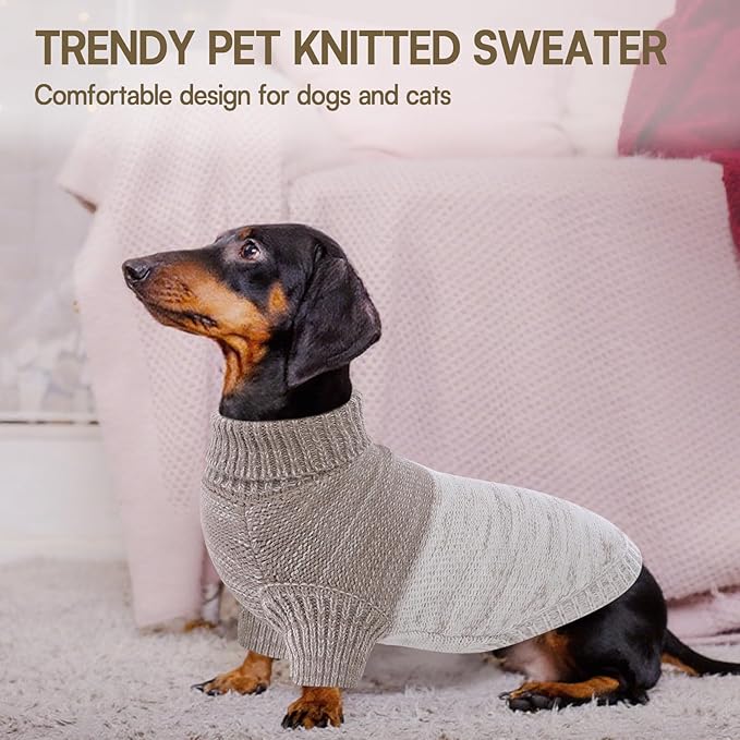 Queenmore Knitted Pullover Dog Sweater, Turtleneck Pet Cat Sweater, Cold Weather Puppy Clothes Stitching Knitwear with Leash Hole for Small Medium Dogs(Khaki,M)