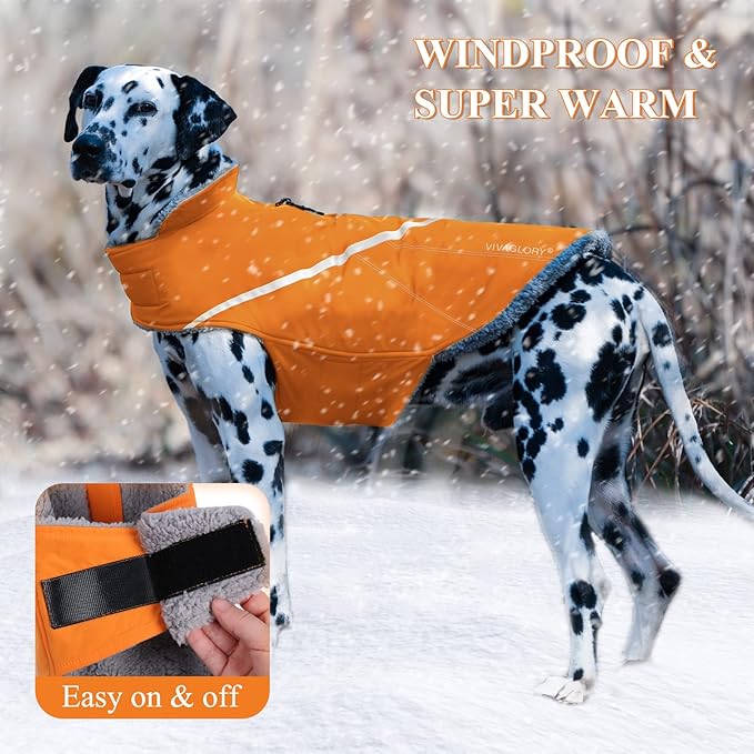 VIVAGLORY Snowrap Dog Coat, Jacket with Harness Hole & Velcro Closure, Dog Coat for Winter & Cold Weather, Fluffy Warm Fleece Lined Reflective Water Resistant for Puppy, XL, Orange