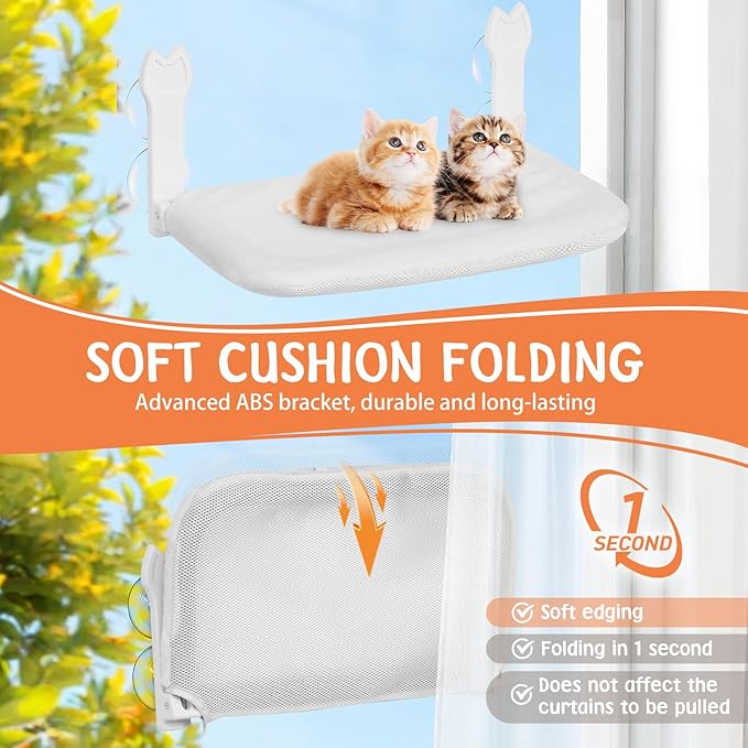 Cat Window Hammock 2-Pack,Foldable Cat Perch with Suction Cups & Metal Frame,Holds up to 40 lbs - Durable & Secure for Cats,Features 2-Sided Cushion & Easy Storage for Sunny Lounging(White)