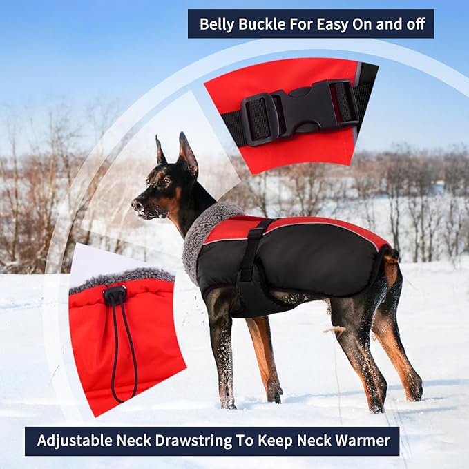 IECOii Extra Warm Dog Coat - Reflective, Adjustable Winter Jacket with Buckle & Fleece Turtleneck for Small to Extra Large Dogs