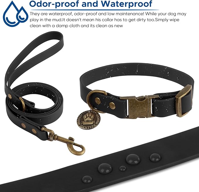 Wisedog Dog Collar and Leash Set, Waterproof Adjustable Puppy Collars with Cute Tag 6FT Dog Leash with Poop Bag for Small Medium Large Dogs (XL(Collar:16"- 25.5";Leash:6 ft), Black)