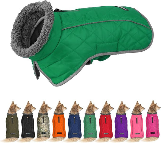 Fragralley Dog Coat Large, Waterproof Dog Jacket with Warm Fleece Lining, Adjustable Reflective Dogs Winter Coat, Turtleneck Pet Coats for Cold Weather (Green L)