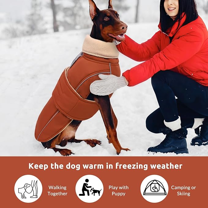 ASENKU Warm Dog Coat, Waterproof Dog Jackets for Medium Dogs with Reflective Fleece Vest Turtleneck with Button, Windproof Cold Weather Coats for Small Medium Large Dogs, Red Brown, M