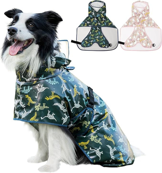 Dog Raincoat, Waterproof Windproof Dog Rain Jacket with Hood, Rain Coat with Leash Hole, Adjustable Raincoat Poncho for Small Medium Large Dogs Outdoor (Green, Small)
