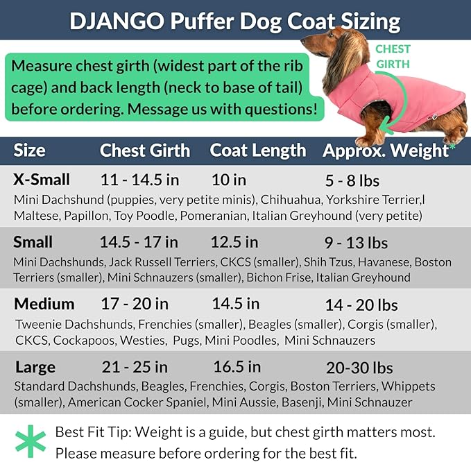 DJANGO Puffer Dog Coat – Warm Winter Dog Jacket & Water-Repellent Insulated Puffer Vest with Striped Lining, Harness Hole, Adjustable Fit for Small & Medium Dogs, Dachshunds – Rose Petal Pink, Medium