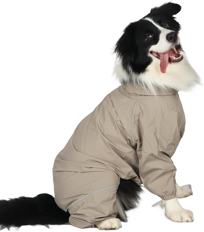 Dog Raincoat for Medium Large Dogs,rain Jacket Coat, Full Leg Coverage Waterproof Rain Suit with Detachable Hood & Tail, Reflective Strips, Snag-Free Top Zipper (Khaki for Boy, Medium)