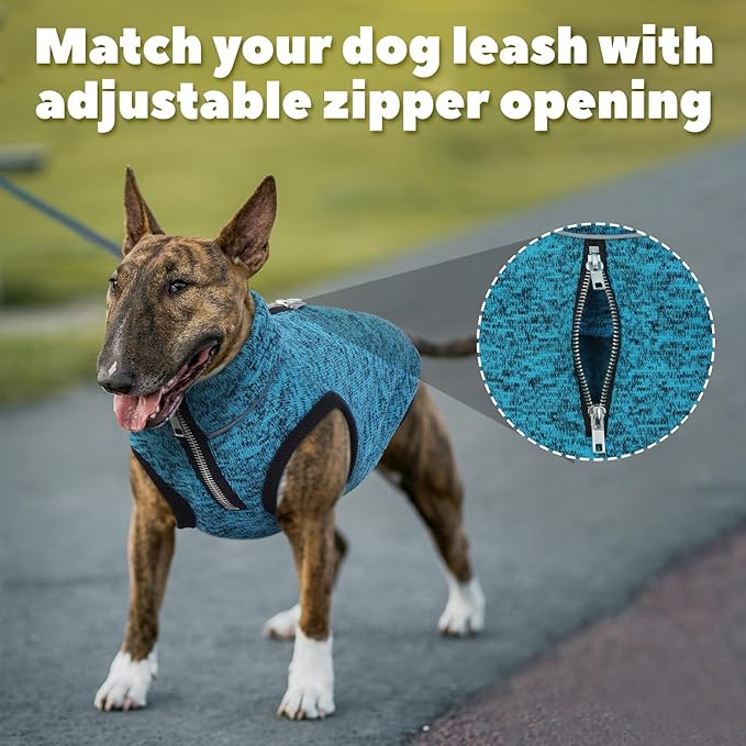 ROZKITCH XX-Large Dog Sweater, Lightweight Jacket with Fleece Lining, Knit Pet Coats for Large with Zipper Opening for Harness, Adjustable Neck Reflective Pet Jacket for Fall Blue 2XL