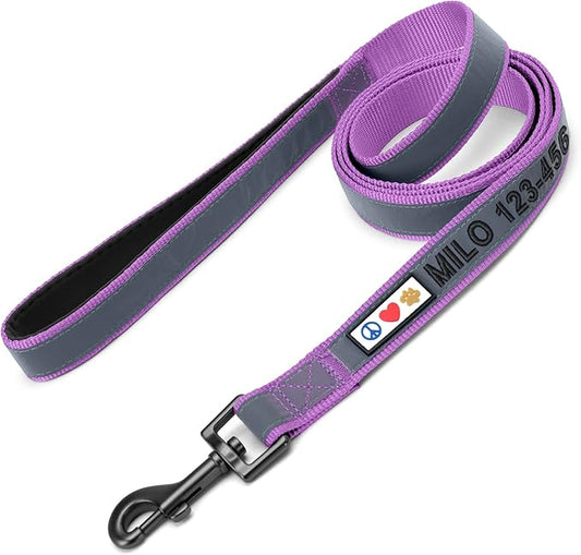 Pawtitas Personalized Dog Leash - Embroidered Custom Name & Phone Number, Reflective, 6 ft Long, Small, Purple Orchid Custom Tag