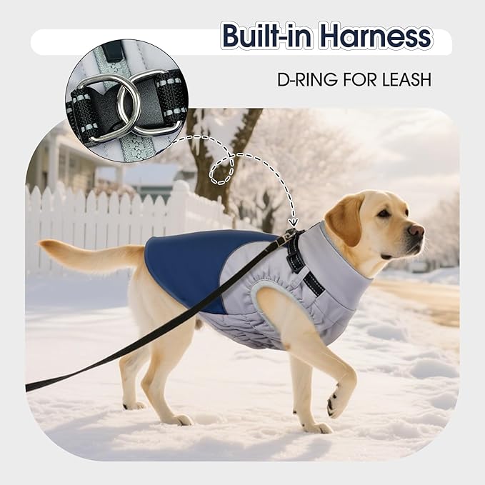 DENTRUN Dog Coat with Harness Built in, Easy On/Off Zipper Closure Winter Dog Vest, Water-Repellent Fleece Lined Warm Jacket with Reflective for Small Dogs, Dark Blue, S