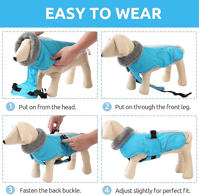 Queenmore Dog Winter Jacket, Fleece Lining Pet Vests for Winter, Dog Cold Weather Coats, Dogs Coat for Medium Puppy Waterproof, Pet Snowsuit with Leash Hole, Blue, M