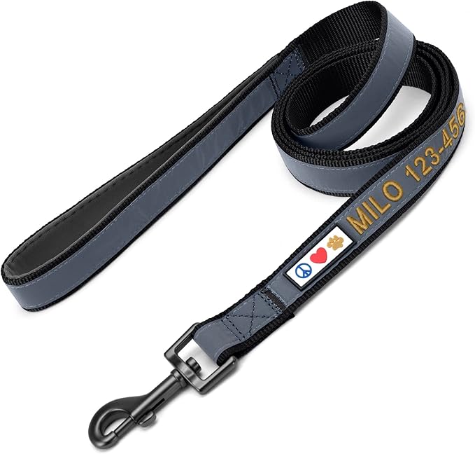 Pawtitas Personalized Dog Leash - Embroidered Custom Name & Phone Number, Reflective, 6 ft Long, Small, Black Custom Tag