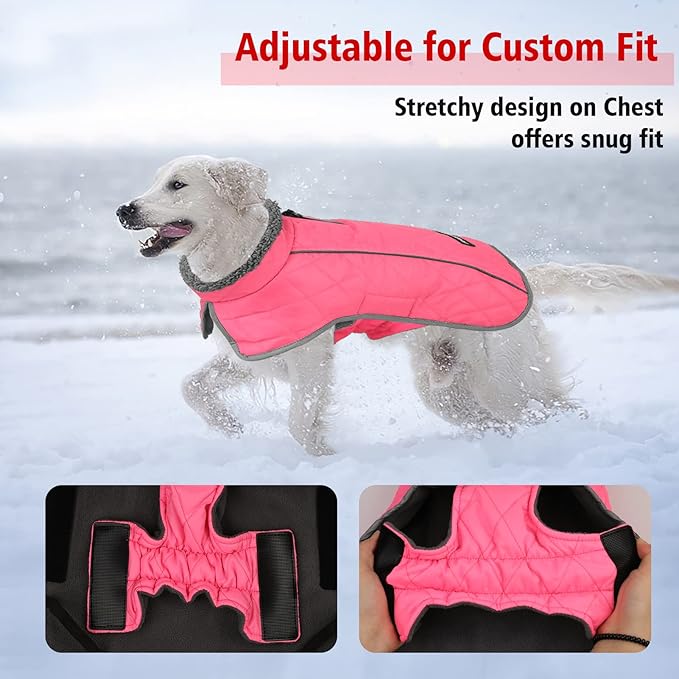 Fragralley Dog Coat Large, Waterproof Dog Jacket with Warm Fleece Lining, Adjustable Reflective Dogs Winter Coat, Turtleneck Pet Coats for Cold Weather (Pink XXL)