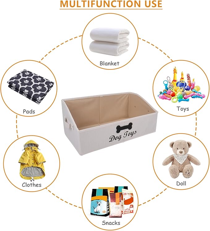 Large Dog Toy Basket Collapsible Dog Toy Box Fabric Trapezoid Dog Toy Bin Storage for organizing pet Toys/Blankets/leashes/Rope Toys/Clothing-Can be Personalized-Slub Beige