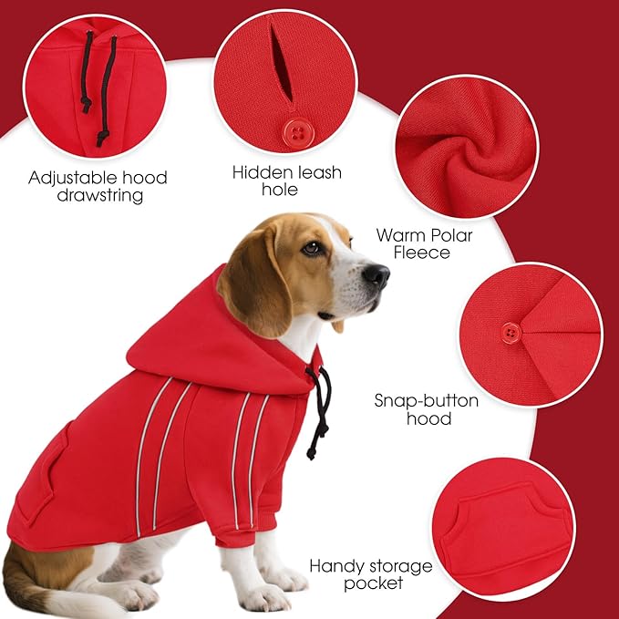 ASENKU Cozy Dog Hoodie，Soft Sweater with Adjustable Hood, Back Pocket and Leash Access Hole，Warm Reflective Sweatshirt for Cold Weather（Red，XS