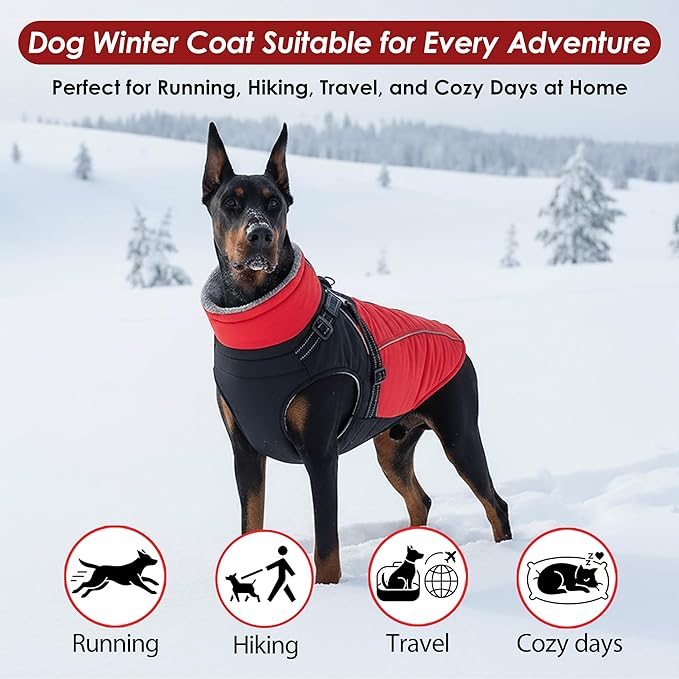 ASENKU Reflective Dog Coat with Built-in Harness, Windproof Fleece-Lined Dog Jacket for Small, Medium, Large Dogs, Warm Winter Vest with Turtleneck & Zipper (Red L)